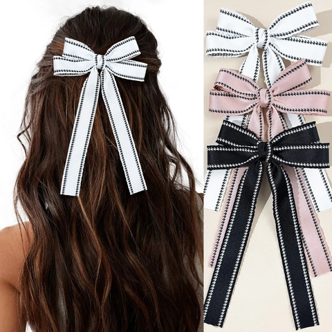 Preppy Stijl Strik Lint Haarclip Stof Lang Lint Haarsieraden Franse Vintage Haaraccessoire Voor Dames Meisjes