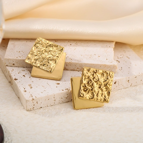 Geometric Square Earrings Stainless Steel 18K Gold Plated Double Layer Hammered Texture Vintage Fashion Jewelry Women