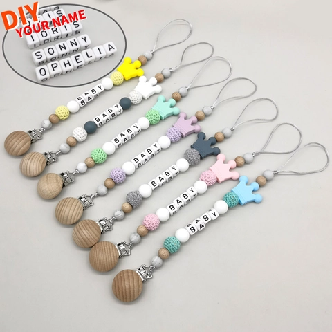 Baby Pacifier Clip Chain Beech Wood Silicone Crochet Beads Crown Shape Anti-Drop Teething Toy Letter Beads For Toddler