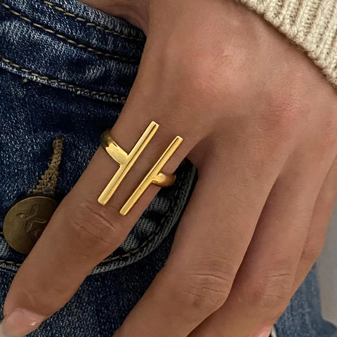 Minimalist Edelstahl Geometrisch Offener Ring Für Damen Doppelbalken Vergoldet Verstellbar Mode Schmuck Fingerring Zubehör
