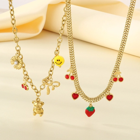 Collar De Dijes De Acero Inoxidable Bañado En Oro Circón Rojo Fresa Cereza Corazón Cara Sonriente Oso Joyería Dulce Mujer