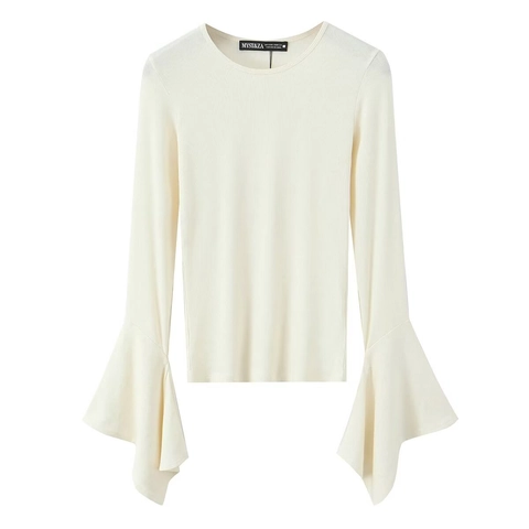 Dames T-Shirt Met Lange Mouwen Ribgebreid Elegant Klokmouwen Ronde Hals Slim Fit Casual Effen Kleur Top Voor Herfst Winter