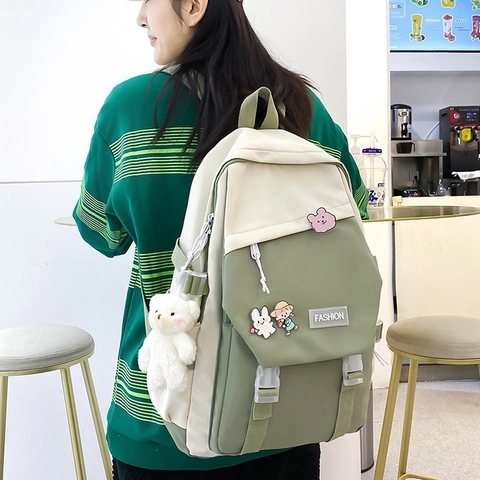Nylon School Backpack For Girls Color Block Large Capacity Kawaii Student Bookbag With Bear Pendant And Badges