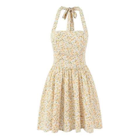 Florales Neckholder Minikleid Rückenfrei Schleife A-Linie Ärmellos Sommer Polyester Süß Sexy Damen