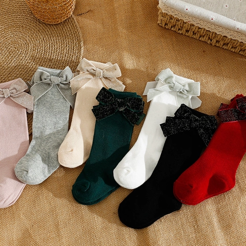 Calcetines Altos De Algodón Para Bebés Niñas Con Gran Lazo Brillante Estilo Español Princesa Punto Canalé Transpirable