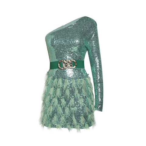 Pailletten Veren Eén Schouder Mini Jurk Lange Mouwen Slim Fit Party Bodycon Met Riem