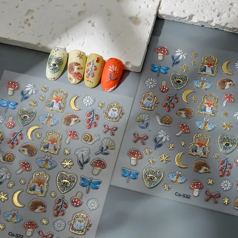 Autocollants De Manucure 5D Relief Animaux De La Forêt Renard Hérisson Champignon Dorure Stickers Imperméable