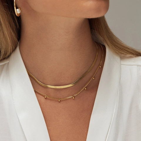 18K Gold Plated Stainless Steel Necklace For Women Minimalist Small Gold Bead Snake Chain Blade Necklace Fashion Jewelry