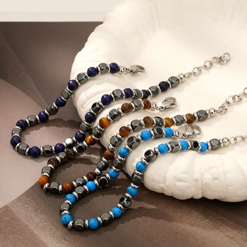 Pulsera De Cuentas Para Hombre Ojo De Tigre Natural Lapis Lazúli Turquesa Hematita Acero Inoxidable Ajustable Piedra