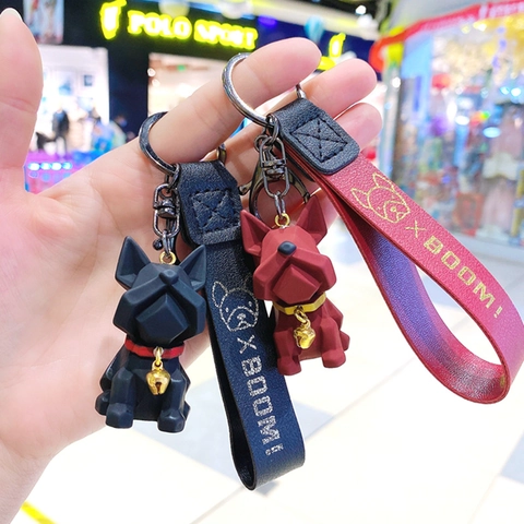 Geometric French Bulldog Keychain Trendy Resin Dog Keyring With Letter Print Strap And Golden Bell For Car Bag Decoration Couples Gift
