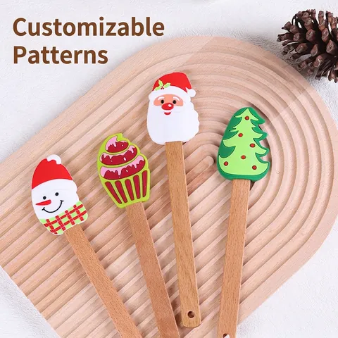 Christmas Silicone Spatula With Beech Wood Handle Heat Resistant Cream Butter Scraper Holiday Themed Baking Tools