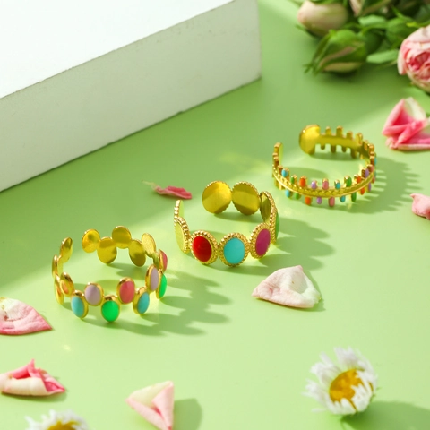 Bunter Emaille Offener Verstellbarer Ring Edelstahl Vergoldet Geometrische Blattkette Modeschmuck Für Damen