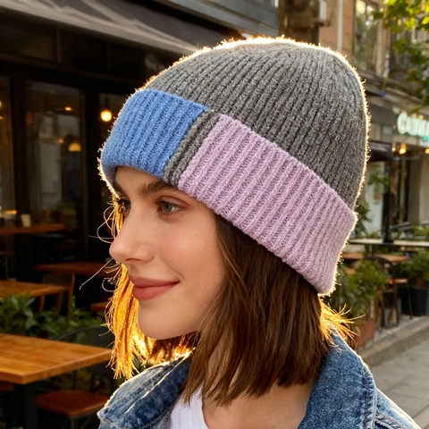 Berretto In Maglia Beanie Blocchi Di Colore Acrilico A Costine Patchwork Caldo Inverno Esterno Moda Streetwear Adulti