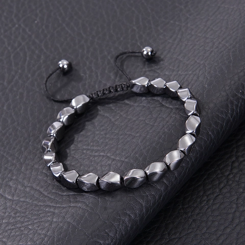 Handgefertigtes Gewebtes Hämatit Armband Unregelmäßige Magnetische Steinperlen Verstellbar Geometrisch Minimalistisch Unisex