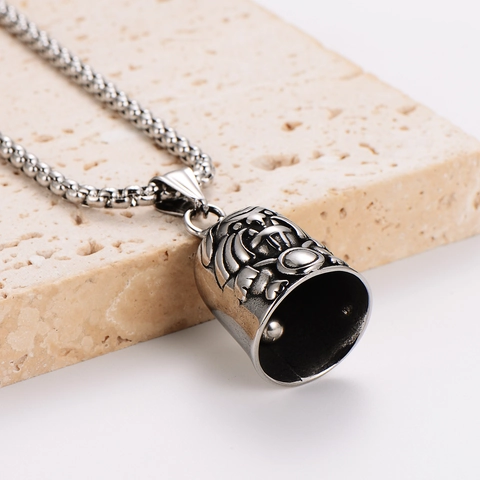 Vintage 304 Stainless Steel Bell Pendant Necklace For Men Retro Animal Tiger Lion Head Viking Warrior Relief Personality Jewelry