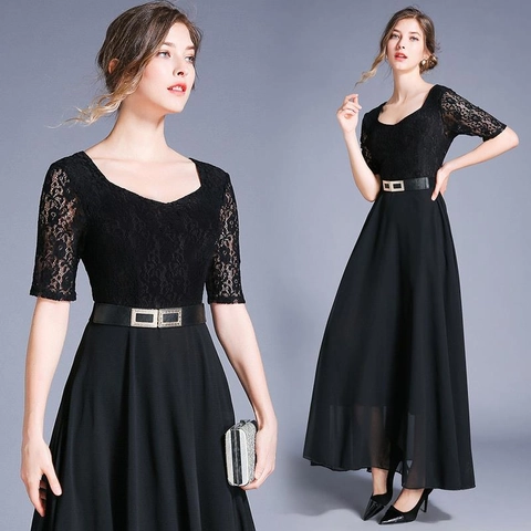 Elegante Abito Maxi Patchwork In Pizzo E Chiffon Con Cintura Mezza Manica Slim Fit Sera Formale Festa Matrimonio