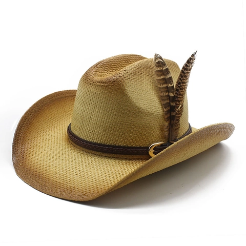 Δυτικό Καπέλο Cowboy Ψάθινο Μεγάλο Γείσο Προστασία Από Τον Ήλιο Αναπνεύσιμο Χάρτινο Άχυρο Με Φτερό Δερμάτινο Λουράκι Ρετρό