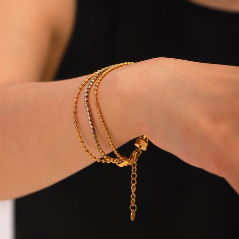 Multilayered Stainless Steel Bracelet Women Round Bead Spliced Zircon Chain 18K Gold Plated Adjustable Jewelry