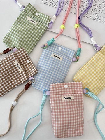 Checkered Gingham Mini Crossbody Phone Bag Polyester Canvas Small Shoulder Pouch With Adjustable Strap For Women Daily Travel