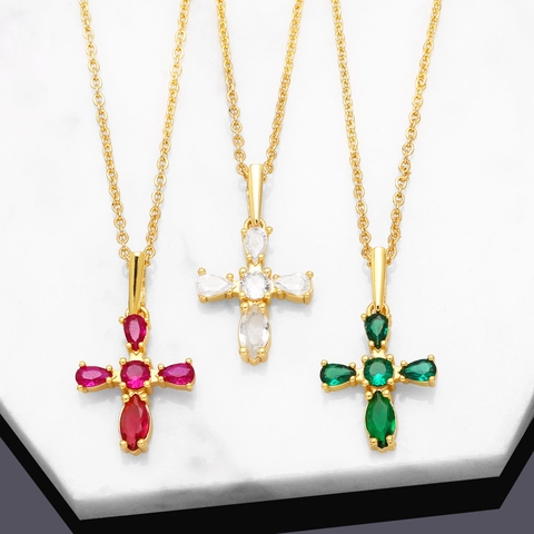 Collana Pendente Croce Rame Placcato Oro 18K Zirconia Cubica Colorata Catena Di Clavicicola Gioielli Per Donne
