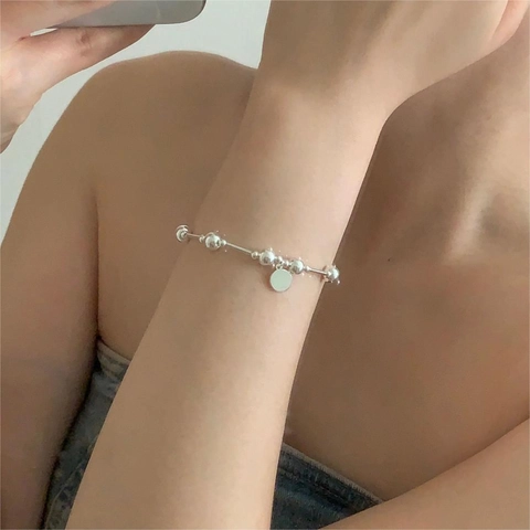 925 Sterling Silber Elastisches Perlenarmband Minimalistisch Rundperlen Röhren Runder Anhänger Schmuck Für Damen