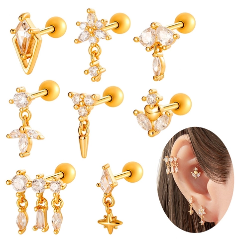 Helix Piercing Schmuck Zirkon Raute Blume Stern Herz Edelstahl Kupfer Knorpel Stecker Ohrring Schraubverschluss