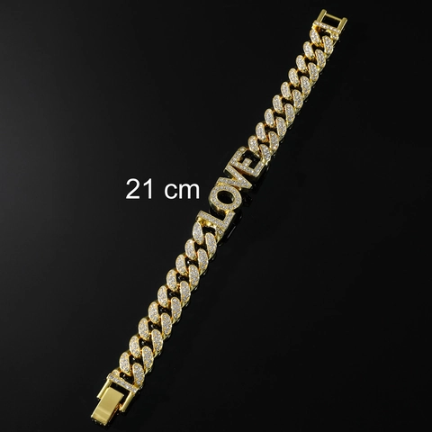 Bracciale Cuban Link Iced Out Hip Hop Con Lettera LOVE Lega Strass Chiusura A Scatola Per Uomo Gioielli Streetwear