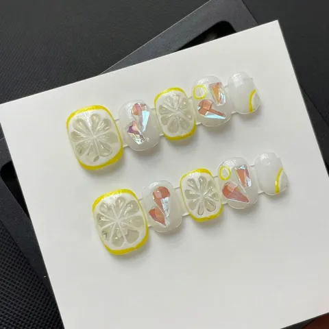 Handmade Press On Nails Summer Lemon French Style 3D Relief Rhinestones Artificial Fingernails For Women