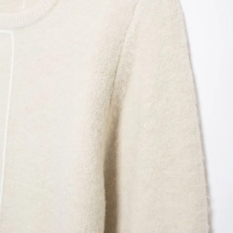 Suéter De Punto Para Mujer Cuello Redondo Manga Larga Detalle De Línea Decorativa Jersey Suelto Informal Minimalista Otoño Invierno