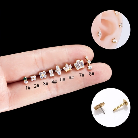 Bijoux De Piercing De Cartilage D'oreille En Titane G23 Labret Stud Boucle D'oreille Push Pin Zircon Fleur Couronne