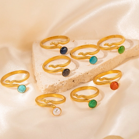 Anillo de Serpiente Ajustable de Moda Acero de Titanio Dorado Lujo Francés Diamante de Imitación de Color Anillo Abierto Mujer