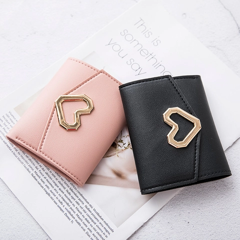 Elegant Women Short Wallet PU Leather Gold Heart Buckle Tri-fold Multi Card Slots Photo Window Fashionable Ladies Purse