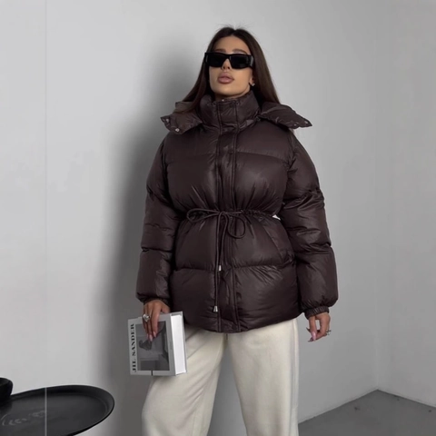 Women Puffer Jacket Hooded Polyester Padded Coat Waist Drawstring Windproof Casual Winter Outerwear Thick Solid Color