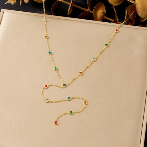 Collana A Forma Di Y Acciaio Inossidabile Placcato Oro Zirconia Rotonda Multicolore Catena Lunga Stile Bohémien Donna