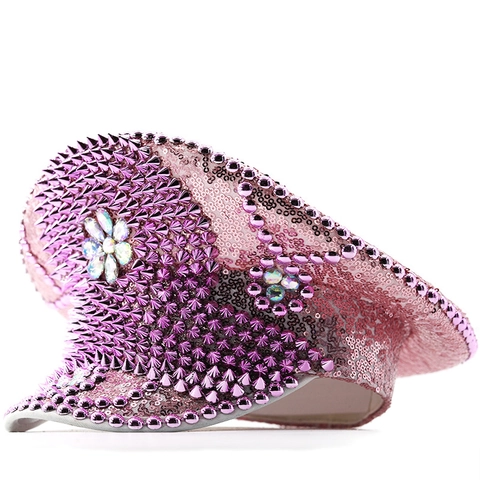Cappello Da Capitano Con Paillettes Rosa Strass Luccicanti Borchie Militare Per Festa Festival Palcoscenico