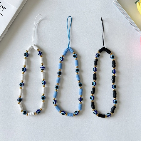 Evil Eye Phone Lanyard Handmade Soft Clay Heishi Beads Anti-Lost Mobile Phone Strap Bohemian Trendy Decoration Accessory