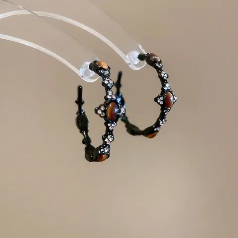 Pendientes De Aro En Forma De C Aleación Negra Piedra Ojo De Tigre Cristales Con Poste De Plata De Ley 925 Joyería Mujer