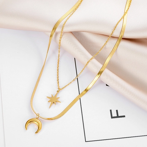 Collana A Doppio Strato Con Stella E Luna In Acciaio Al Titanio Catena A Serpente Ciondolo A Mezzaluna Gioielli Minimalisti