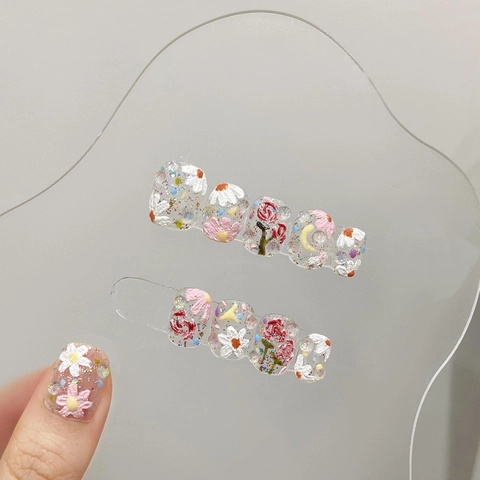 Handmade Press On Nails 3D Embossed Floral Hand Painted Clear Glitter Fake Nails Sweet Elegant For Women