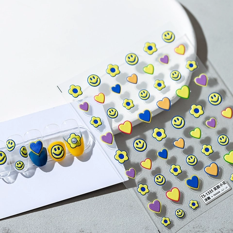 5D Embossed Nail Art Stickers Colorful Smile Face Heart Flower Self Adhesive Manicure Decals For Women Girls Diy Decor