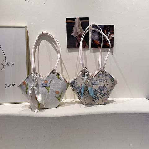 Borsa Tote Da Donna Di Moda Apertura A V Ricamo Floreale Borsa Jacquard Con Nastro Di Raso Chic Estate Pendolare
