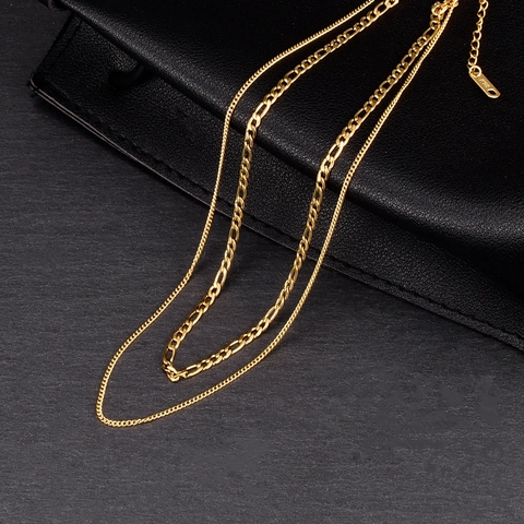 Retro Double Layer Titanium Steel Necklace For Women 18K Gold Plated Figaro Chain Heart Pendant Minimalist Fashion Jewelry