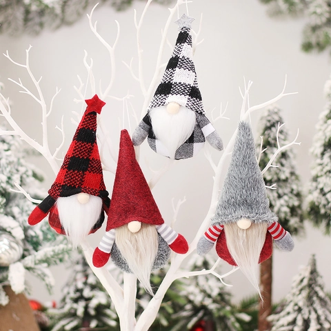 Ornement Suspendu Nain de Noël Tissu Tricoté Gnomes à Carreaux Tomte Suédois Poupée sans Visage pour Arbre de Noël Maison Cadeau