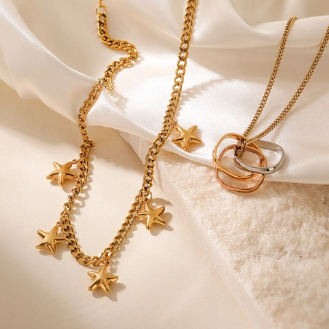 18K Gold Plated Stainless Steel Star Pendant Necklace Geometric Interlocking Rings Fashion Jewelry For Women