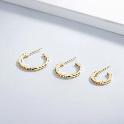 925 Sterling Silver Rainbow Zirconia C-Shape Hoop Earrings 14k Gold Plated Multi Color Stone Stud Earrings For Women