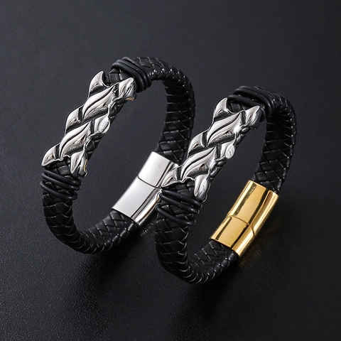 Bracciale Da Uomo In Pelle Intrecciata Con Ciondolo Fiamma In Acciaio Inossidabile 304 Gioielli Punk Hip Hop Chiusura Magnetica