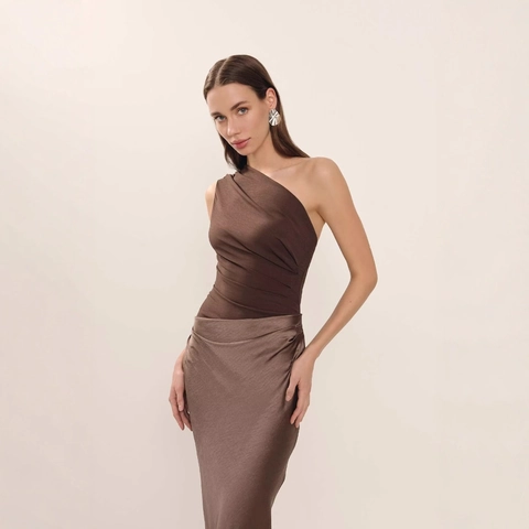 One Shoulder Sleeveless Satin Patchwork Pleated Maxi Dress Elegant Evening Party Bodycon Solid Coffee Brown For Women