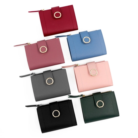 Cartera Pequeña Para Mujer Cuero PU Bifold Tarjetero Hebilla Anillo Dorado Bolsillo Monedas Cremallera Estilo Simple