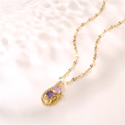 Hohle Geometrische Anhänger Halskette Mit Lila Rosa Zirkon Edelstahl Kette Messing Schmuck Für Frauen
