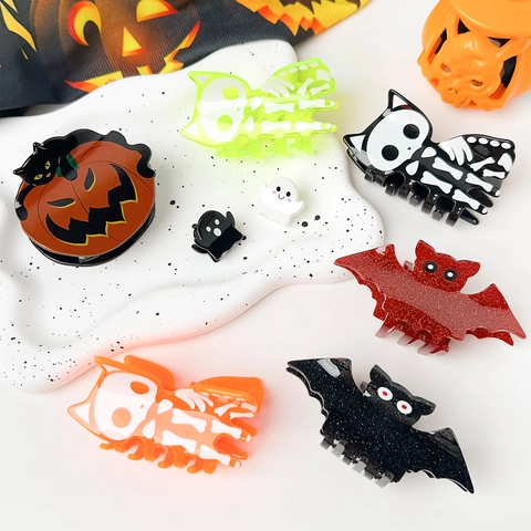Mollette Per Capelli Halloween Acrilico Pipistrello Fantasma Zucca Scheletro Glitter Accessorio Per Feste Da Donna